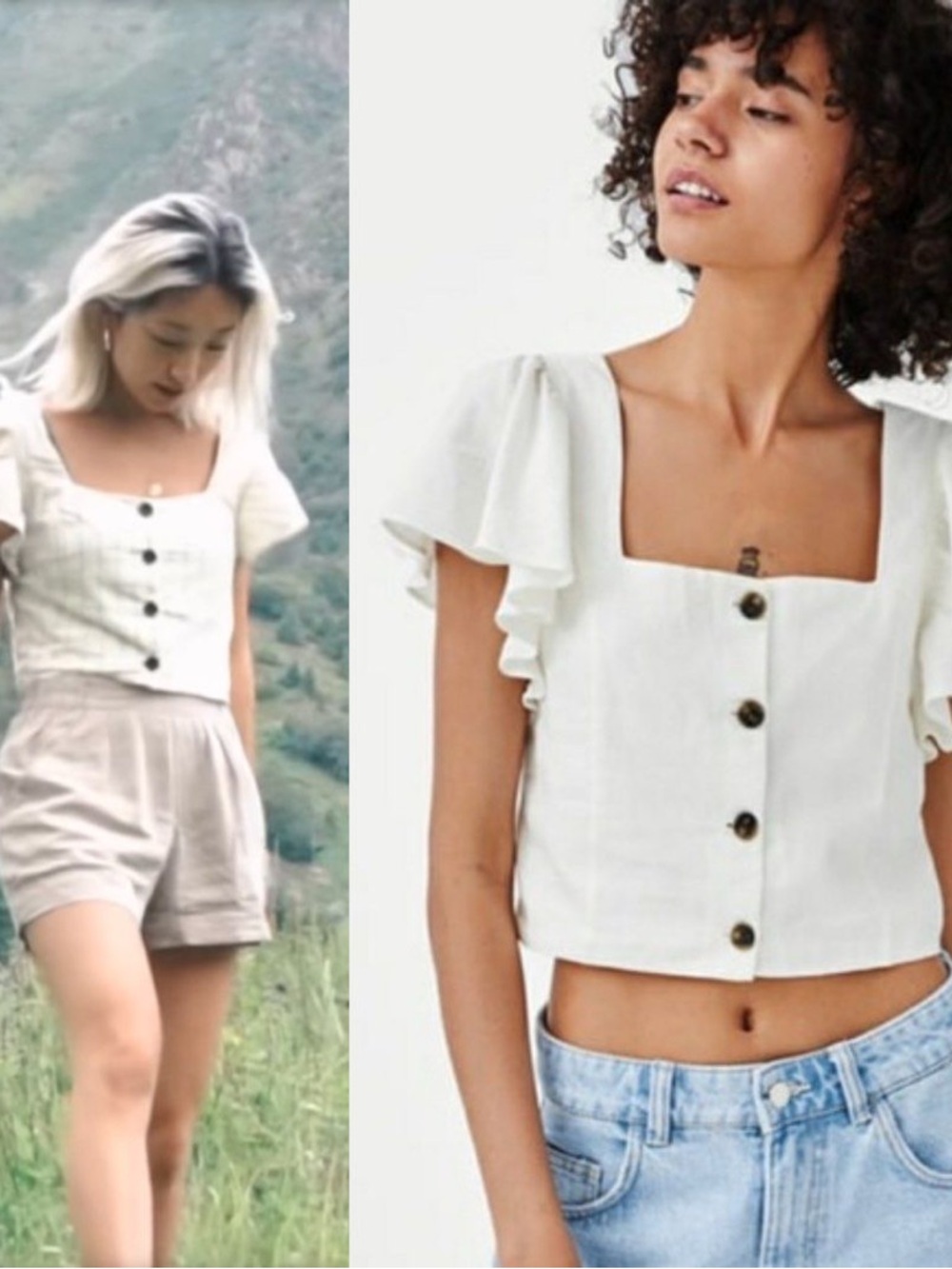 Zara White Square-Neck Ruffle Sleeve Button Crop Top